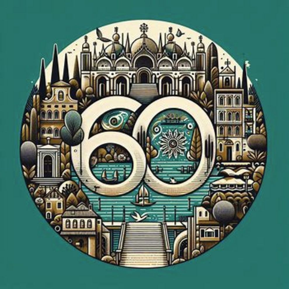Stilisierte Ansicht von Venedig in grün-blau gehalten, mit der Zahl 60 in der Mitte. 