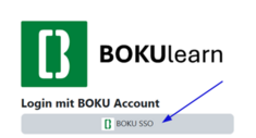 Screenshot der BOKUlearn-Loginseite. Unter der Überschrift „Login mit BOKU Account“ zeigt ein blauer Pfeil auf die Schaltfläche „BOKU SSO“ zur Anmeldung.