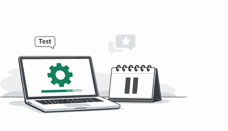 Offener Laptop mit Zahnrad‑Icon und dezentem Fortschrittsbalken. Daneben: Tischkalender mit gut erkennbarem Pause‑Symbol (||). 