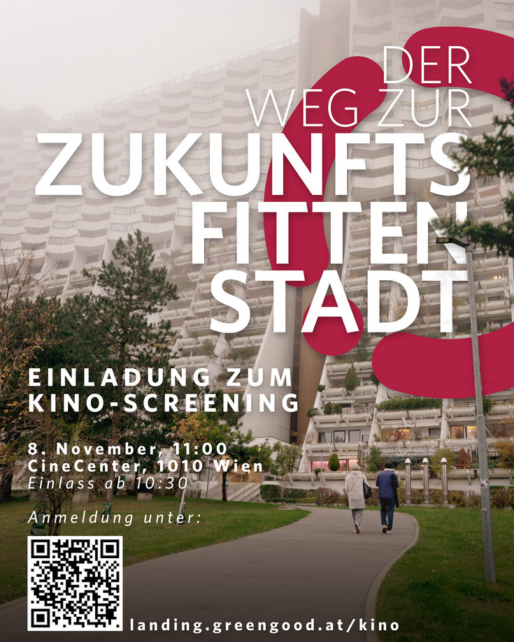 Plakat: Zu sehen ist ein Park und dahinter ein Hochhaus mit bepflanzten Balkonen davor beschriftet mit “Der Weg zur zukunftsfitten Stadt + Infos“.