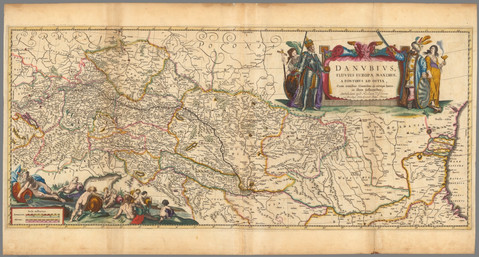 Map: Nicolaes Visscher, *Danubius Fluvius Europae Maximus* (1690): a hand-coloured engraved map tracing the Danube from its Alpine sources to the Black Sea across Central and Southeastern Europe, showing towns, administrative boundaries, forests, and waterways, with hills depicted pictorially and decorative cartouches in the corners.