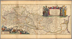 Map: Nicolaes Visscher, *Danubius Fluvius Europae Maximus* (1690): a hand-coloured engraved map tracing the Danube from its Alpine sources to the Black Sea across Central and Southeastern Europe, showing towns, administrative boundaries, forests, and waterways, with hills depicted pictorially and decorative cartouches in the corners.