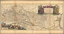 Map: Nicolaes Visscher, *Danubius Fluvius Europae Maximus* (1690): a hand-coloured engraved map tracing the Danube from its Alpine sources to the Black Sea across Central and Southeastern Europe, showing towns, administrative boundaries, forests, and waterways, with hills depicted pictorially and decorative cartouches in the corners.