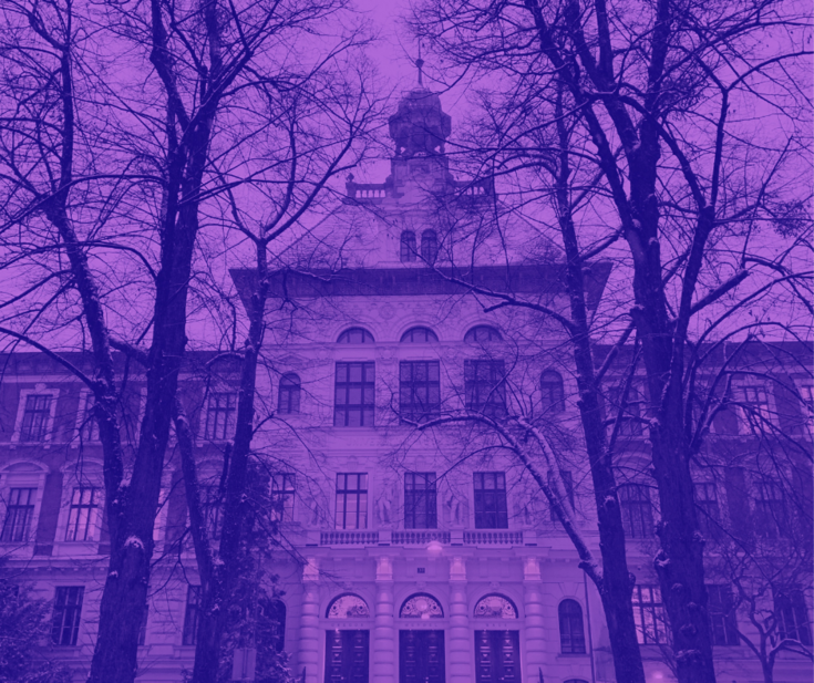 Das winterliche Gregor Mendel Haus mit violettem Filter hinterlegt