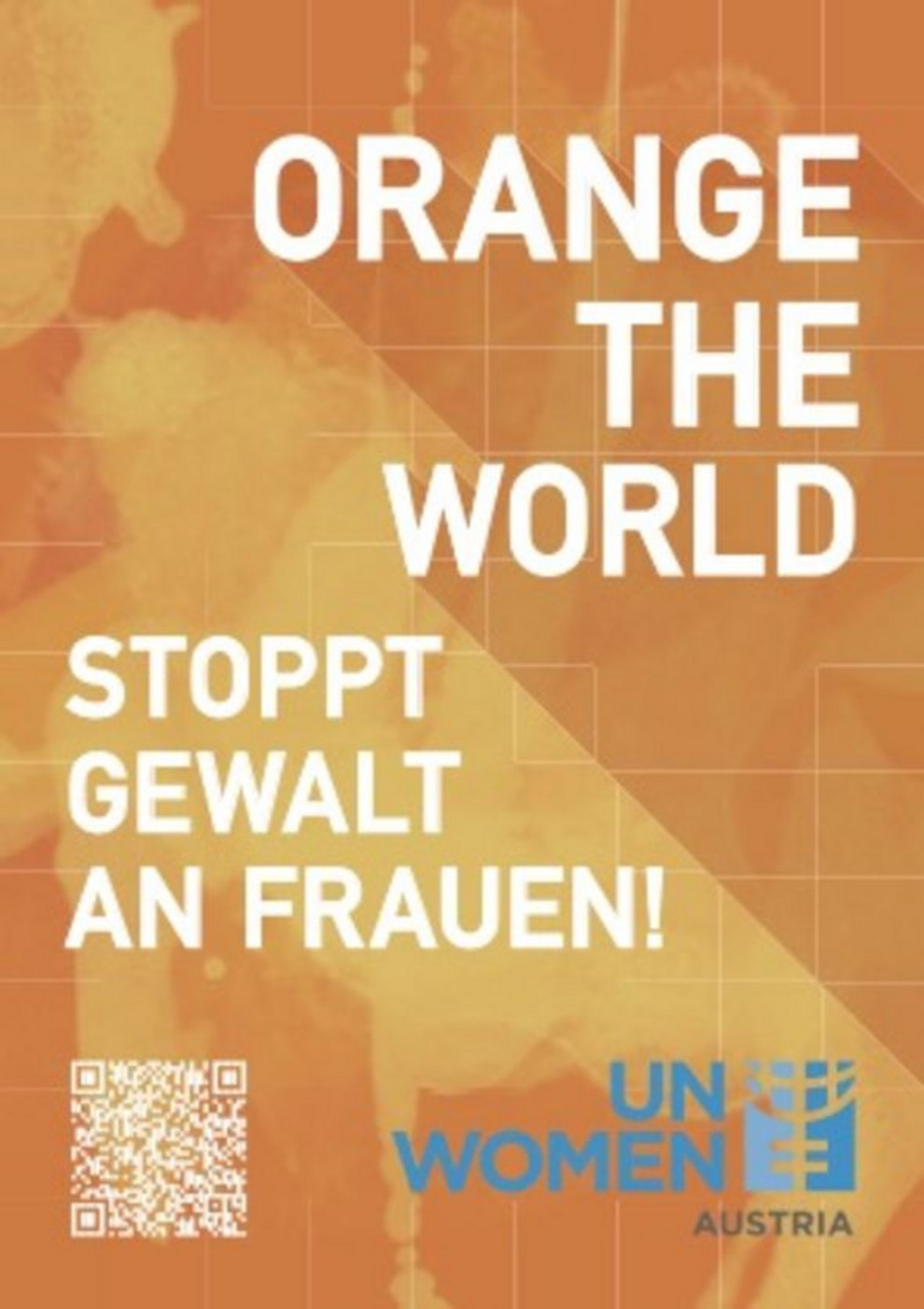 Man sieht auf orangem Hintergrund in weißer Schrift "Orange the world - stoppt Gewalt an Frauen" geschrieben