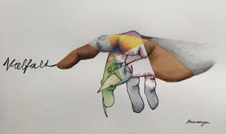Künstlerisch-grafische Darstellung einer Hand, die mit dem Zeigefinger das Wort "Vielfalt" auf Papier zeichnet. Die Hand ist in geometrische Abschnitte geteilt und in jedem Bereich unterschiedlich gestaltet. 