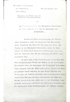 Zweitseitiges Originalschreiben aus dem Jahr 1919 in Maschinenschrift. Auf Seite 2 des Schreibens die Originalunterschift von Otto Glöckel und der Eingangsstempel der BOKU mit Datum 15. April 1919.