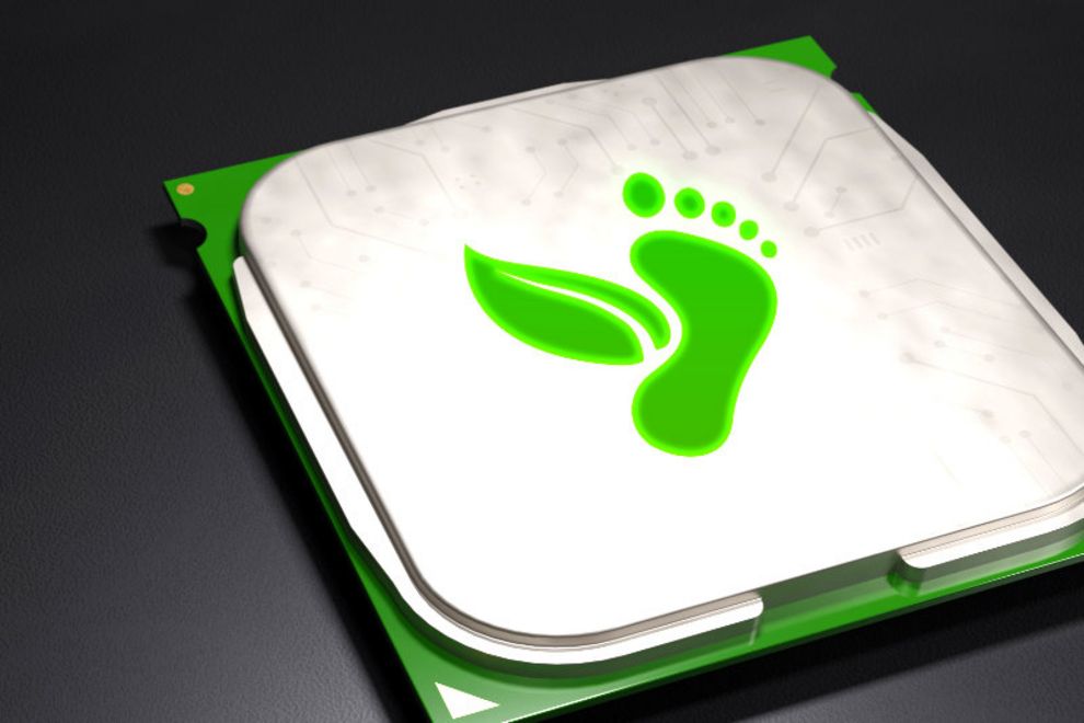 Technology data chip Carbon Footprint symbol, zero emission concept. Carbon ecological footprint icon Sustainable development strategy. 3D render illustration