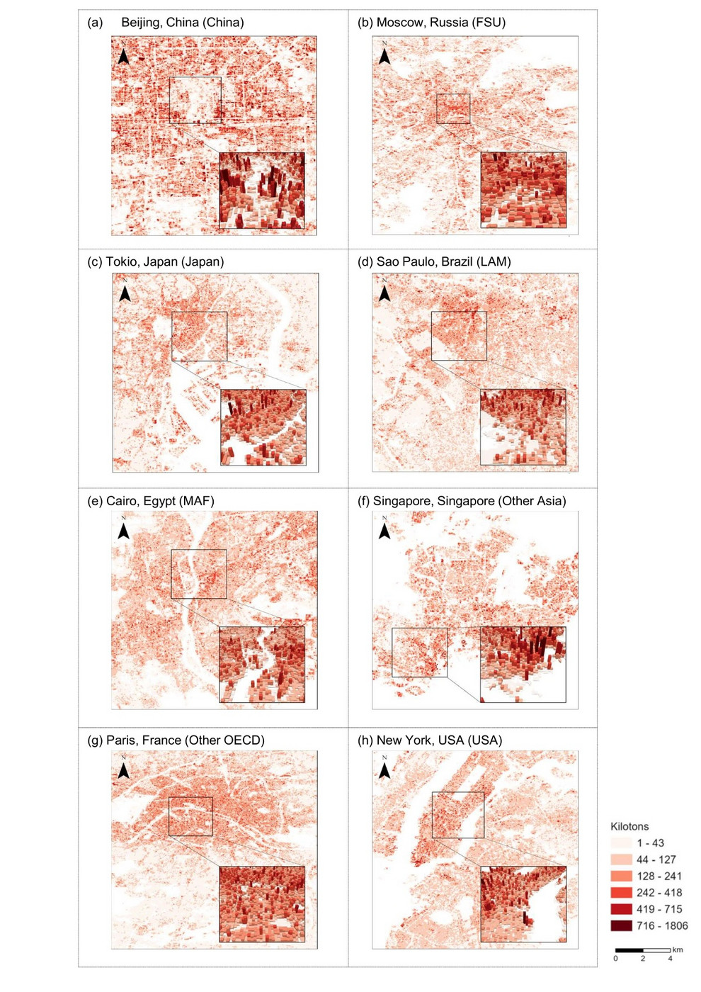 Acht Stadtansichten (je 5 × 5 km) zeigen die Materialbestände in Gebäuden auf Basis von 3D-Fernerkundungsdaten (90 m Auflösung). Quelle: Haberl et al. (2025), Journal of Industrial Ecology, CC BY-NC 4.0