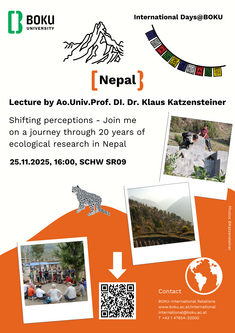 Poster for promotion of Nepales presentation by Klaus Katzensteiner on 26 November 2025, starting 4pm in Schwackhöferhaus, seminar room 09