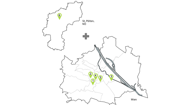 Schematische Übersicht zur Verortung der Messobjekte, wovon sich fünf in Wien befinden und um das Zentrum herum aggregieren sowie ein weiteres Messobjekt in St. Pölten, nahe dem Bahnhof gelegen ist.
