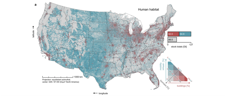 Verteilung der Biomasse: Einblick in das menschliche Habitat mit Schwerpunkt auf Straßen und Gebäuden.