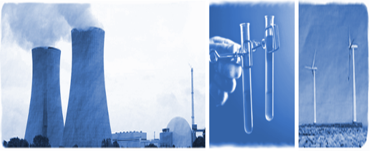 3 Symbolbilder, die die Forschungsschwerpunkte des ISR darstellen. Es sind dies: ein Atomreaktor für den nuklearen Bereich, Reagenzgläser für den Bio-Nano-Bereich und Windrädern für den Windenergiebereich.