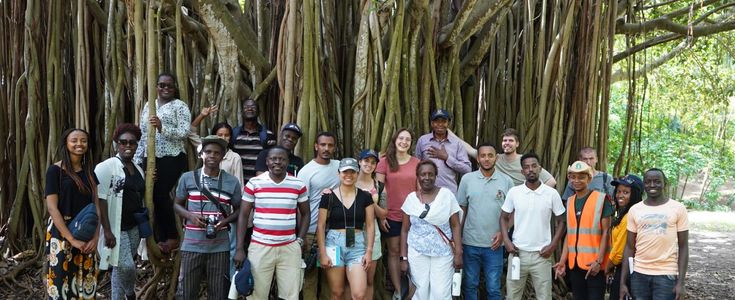 group of african and european students in front of a mangrove tree