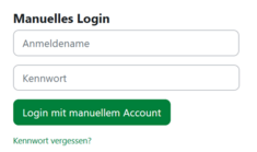 Screenshot eines manuellen Login-Bereichs mit Eingabefeldern für Anmeldename und Kennwort, einer grünen Schaltfläche „Login mit manuellem Account“ sowie dem Link „Kennwort vergessen?“