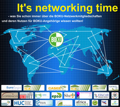 Weltkarte mit einem Netz, das BOKU Logo in der Mitte ,Überschrift, Zeit und Ort