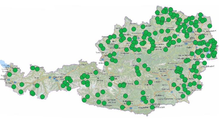 Karte mit Österreichs mit Beprobungspunkten 2024