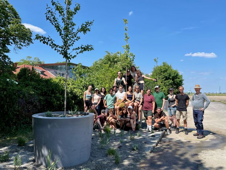 StreeTREE Straßenbaum im Vordergrund, dahinter die Gruppe der Studierenden
