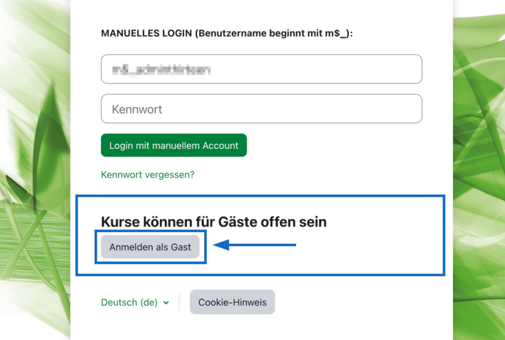 Screenshot zeigt das Anmeldefenster für manuelle Accounts von BOKUlearn und darunter hervorgehoben den Gastzugang.