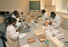 a group of 5 students from Africa in lab coats working on microscopes in the lab in Lunz, Austria