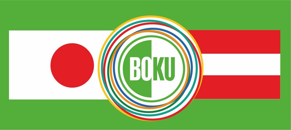The japanese (left) and the austrian flag(right) connected with the BOKU logo 