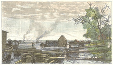 Die historische Zeichnung zeigt Schiffsmühlen an der Donau