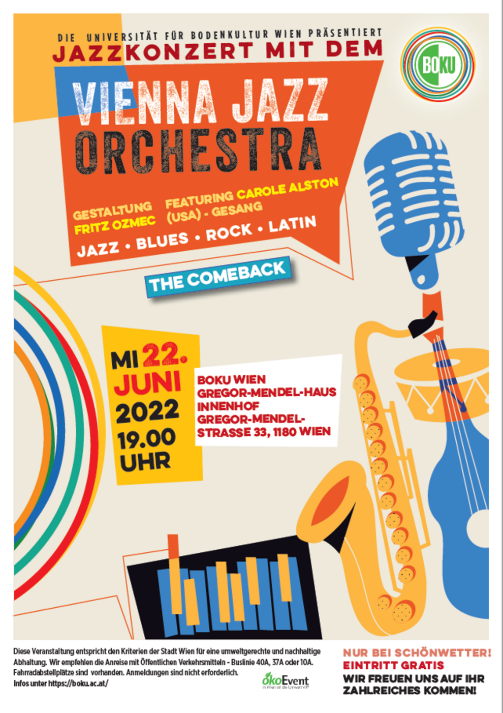 Plakat Jazzfest 2022 mit bunten Musikinstrumenten, 150 Jahre BOKU Kreislogo und Daten zur Veranstaltung
