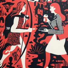 grafische Darstellungen von zwei Frauen, die sich entgegengehen. Links eine steinzeitliche Darstellung einer Jägerin mit Kind, Pfeil, Bogen, erlegter Beute. Rechts eine Businessfrau mit Smartphone, Coffee-to-go und großer Handtasche. Starke Farbkontraste in schwarz und rot.