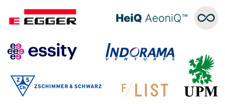 [Translate to English:] Logos of the Companies Fritz Egger GmbH & Co KG, HeiQ AeoniQ Holding AG, Essity GmbH, Indorama Ventures, Zschimmer & Schwarz Chemie GmbH, F.LIST GmbH und UPM GmbH