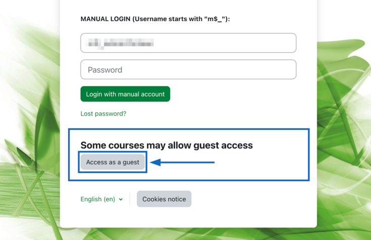 Screenshot shows the login- area of BOKUlearn for manual accounts and below the login area "Access as Guest"