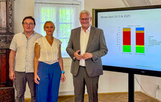 Reinhard Hössinger (links), Juliane Stark (Mitte) und Bürgermeister Thomas Steiner (rechts) stehen lächelnd vor einem Bildschirm, der ein Diagramm zur Entwicklung des Modal Split in Eisenstadt zwischen 2013 und 2025 zeigt.