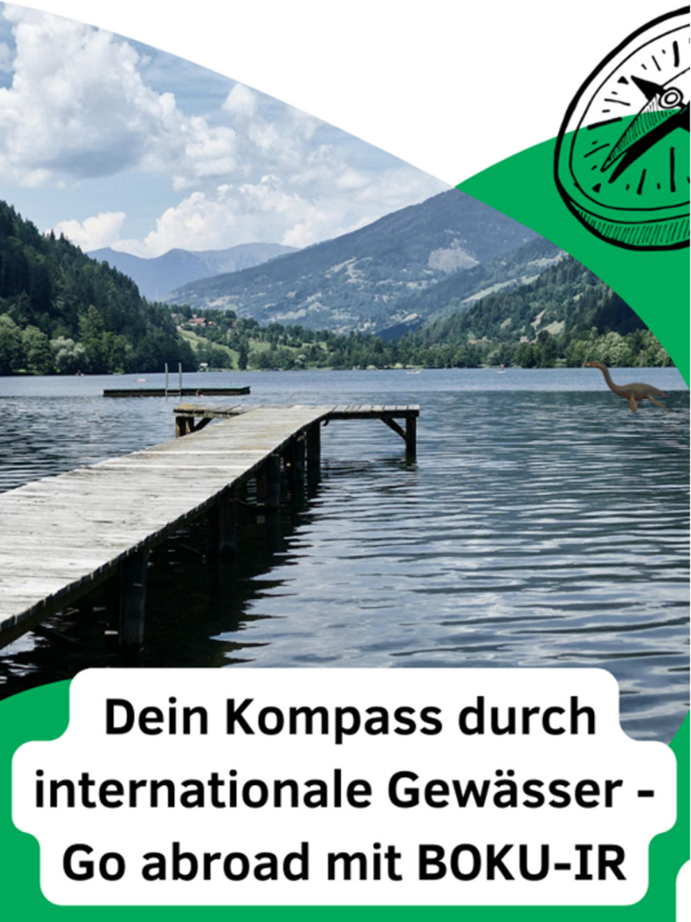 Ein Steg führt in einen See. In der rechten oberen Ecke ist ein Kompass abgebildet
