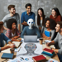 Das KI-generierte Bild zeigt Studierende, die gemeinsam mit einem Roboter am Tisch sitzen. 