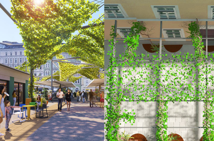 Fotorealistische Gafik 1: Eine Marktgasse ist mit Netzen auf Säulen überspannt, diese sind begrünt und spenden Schatten. Fotorealistische Gafik 2: Vertikale Begrünung ca 2 Meter vor der Fassade. 