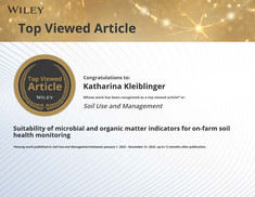 Urkunde der Fachzeitschrift Soil Use and Management: Unsere Publikation zählt zu den meistgelesenen Artikeln des Jahres.