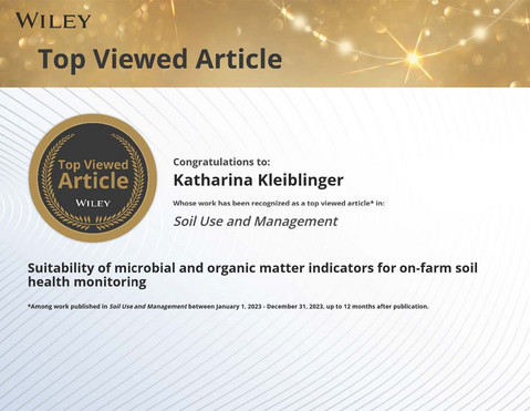 Urkunde der Fachzeitschrift Soil Use and Management: Unsere Publikation zählt zu den meistgelesenen Artikeln des Jahres.