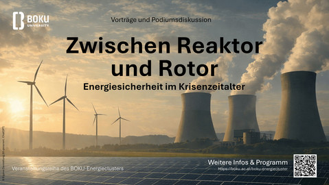 Windräder, Kernkraftwerk und PV-Anlage im Vordergrund, KI-generiert