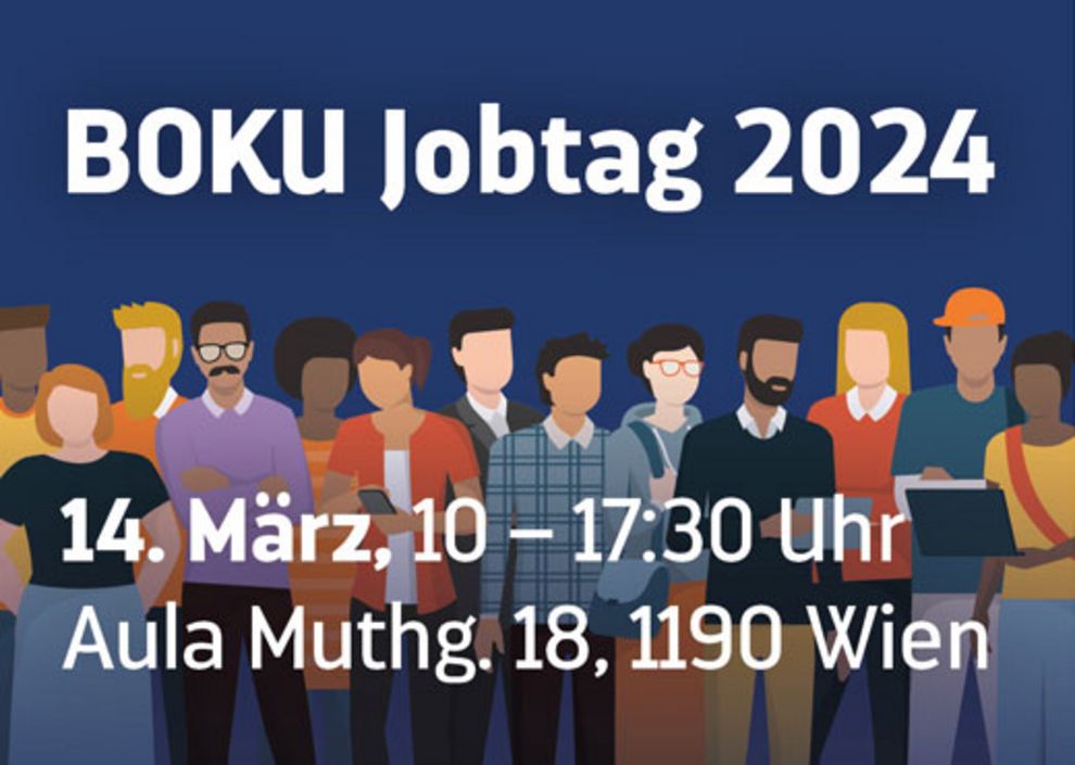Werbebanner für den BOKU Jobtag 2024, der am 14.März in der AULA Muthgasse 18 stattfindet.