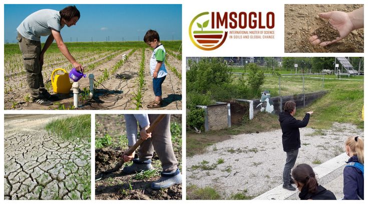 Five photos showing different soils and activities during our courses, and programme logo