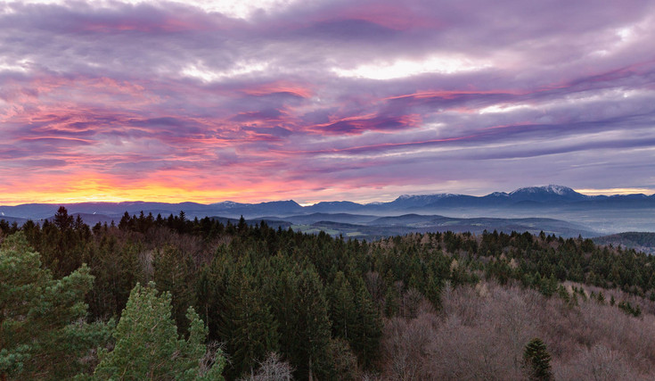 Sunset in the Lehrforst with a view of the Rax-Schneeberg group