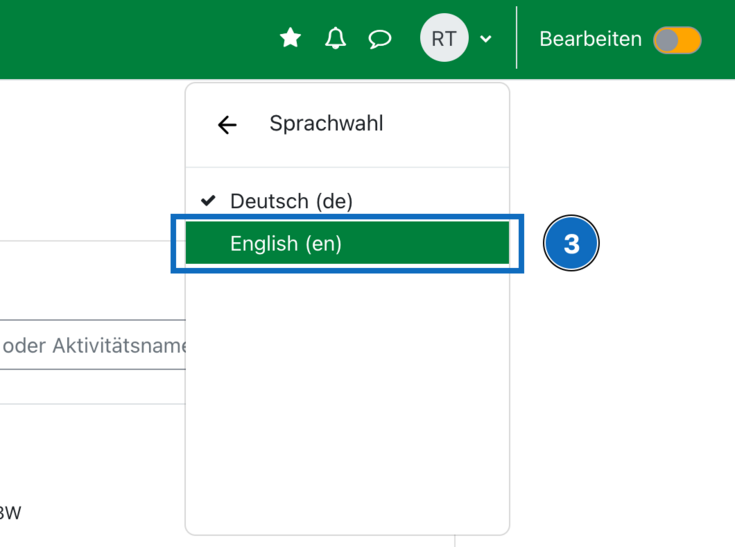 Screenshot zeigt im Nutzermenü unter dem Punkt "Sprache" die beiden Optionen "Deutsch" und "Englisch".