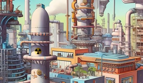 Symbolbild einer futuristischen Stadt mit Kleinreaktor. Gezeichnet in Comic-Stiel