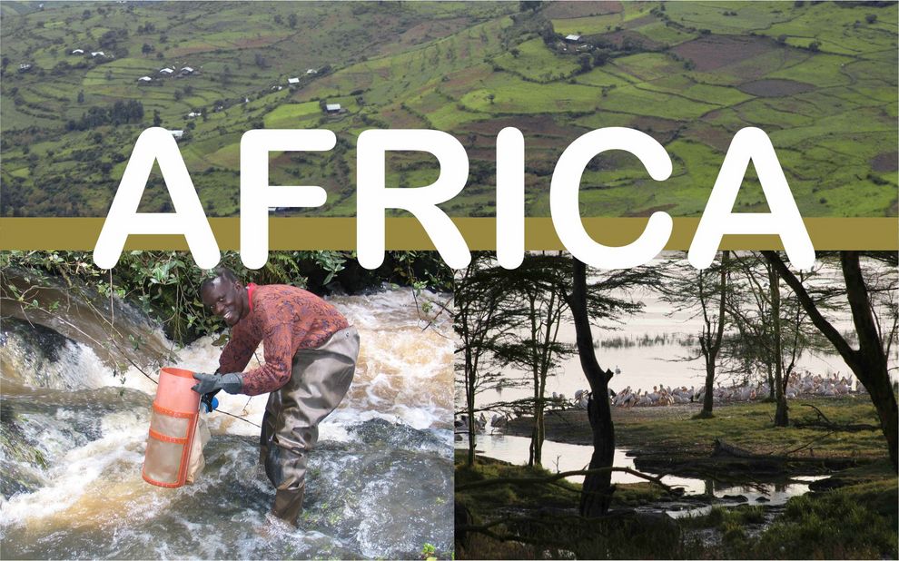African hill with small agrical fields, Man standing in a river, forest with a river