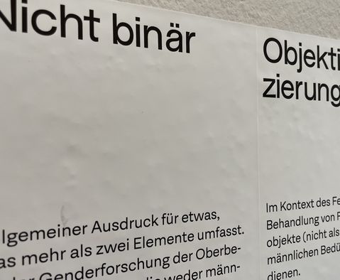 Das Bild zeigt den Schriftzug "Nicht binär" und einen Auszug aus der Begriffsbeschreibung; Aus der Ausstellung "What the Fem*" des Stadtmuseum Nordico Linz 2022/23