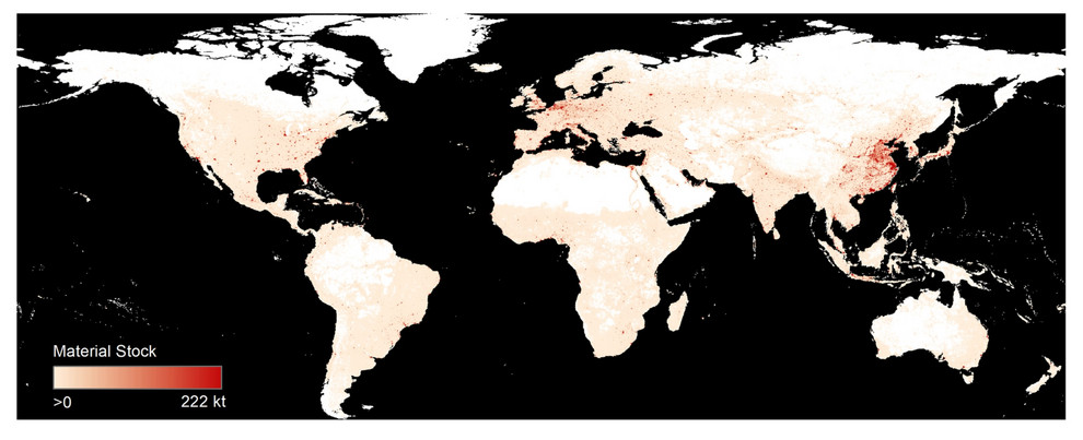 Materialbestände in Gebäuden weltweit Globale Karte der Materialbestände in Gebäuden mit hoher räumlicher Auflösung. Quelle: Haberl et al. (2025), Journal of Industrial Ecology, CC BY-NC 4.0