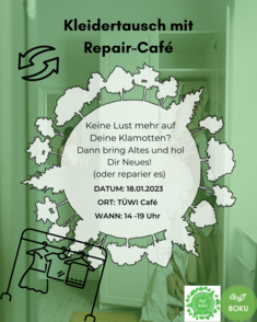 Kleiderschrank im Hintergrund, darüber die Hardfacts: Kleidertausch am 18.01.2023 im TÜWI