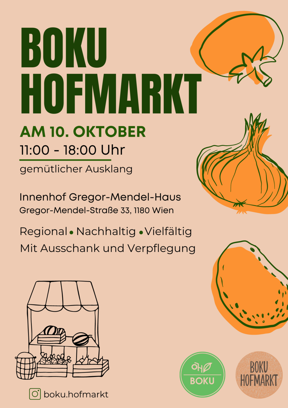 Plakat zum BOKU Hofmarkt mit Ort, Datum und Zeichnungen von Gemüse und einem Marktstand.