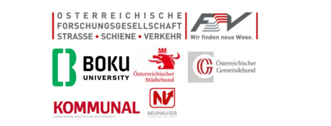 Partner and sponsor logos displayed on a white background: Austrian Research Association for Roads, Rail and Transport (FSV), BOKU University, Austrian Association of Cities and Towns, Austrian Association of Municipalities, Kommunal, and Neuhauser Verkehrstechnik.   