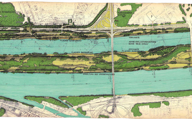 Vorentwurf des Nordteils aus dem Jahr 1976: verschwenkte Uferlinien mit Buchten; Wechselspiel zwischen dichten Gehölzgruppen und offenen Spiel- und Liegewiesen. (Gottfried und Anton Hansjakob; LArchiv, Archiv Österreichischer Landschaftsarchitektur, Universität für Bodenkultur Wien)