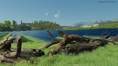 Drei-D Visualisierung einer aufgeständerten Freiflächen-Photovoltaikanlage auf einem grünen Feld, in ländlicher Umgebung